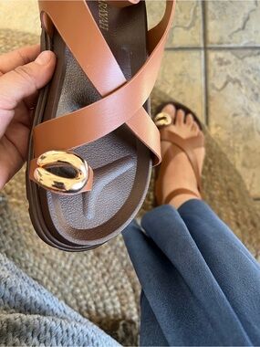 Women’s Tan Crisscross Slide Sandals with Toe Gold Accent with buckle strap